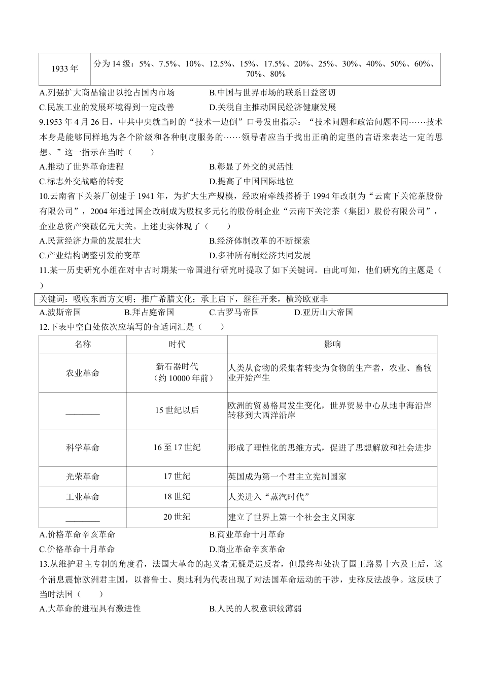 云南省三校2025届高三上学期高考备考实用性联考（二） 历史 Word版含解析.docx_第3页
