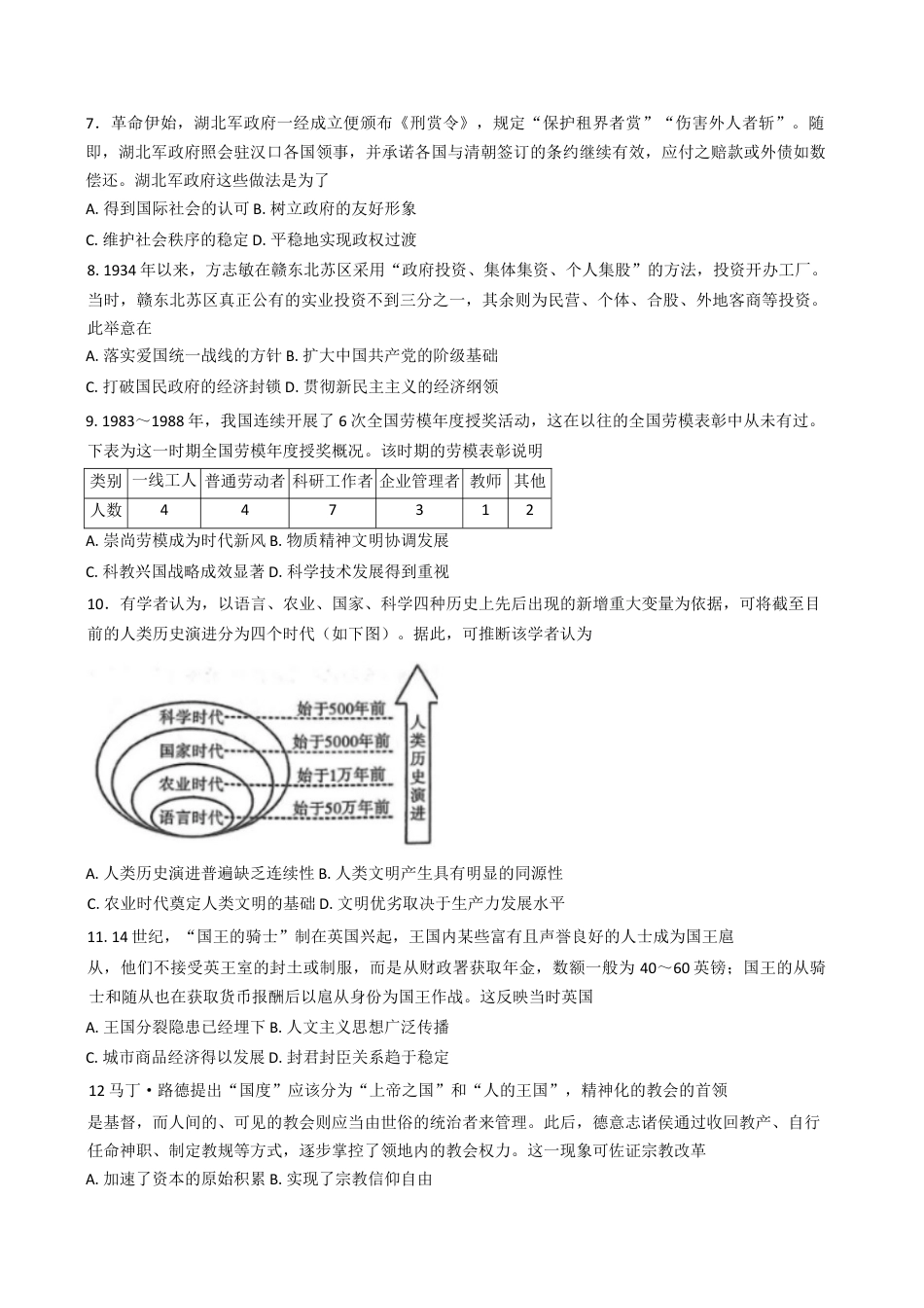重庆市第一中学校2024-2025学年高三下学期3月适应性月考历史试题（含答案）.docx_第2页