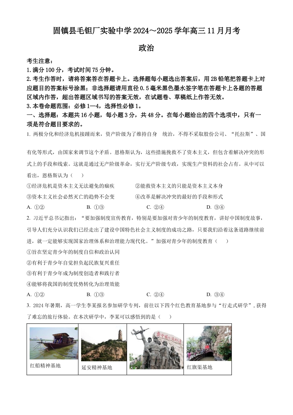 安徽毛坦厂实验中学2025届高三11月期中考试政治.docx_第1页