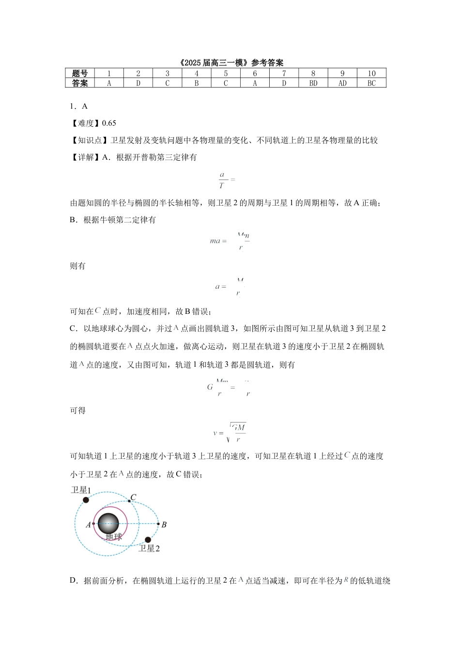 湖南省长沙市望城区第一中学2025届高三一模试题物理答案.docx_第1页