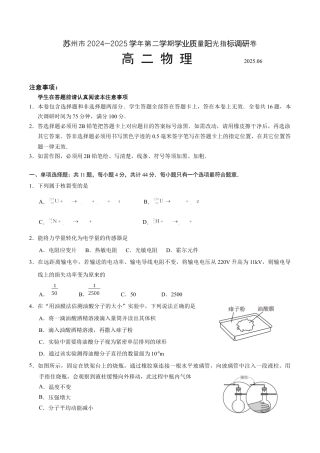 江苏省苏州市2024-2025学年高二下学期学业质量阳光指标调研物理试卷（含答案）.docx