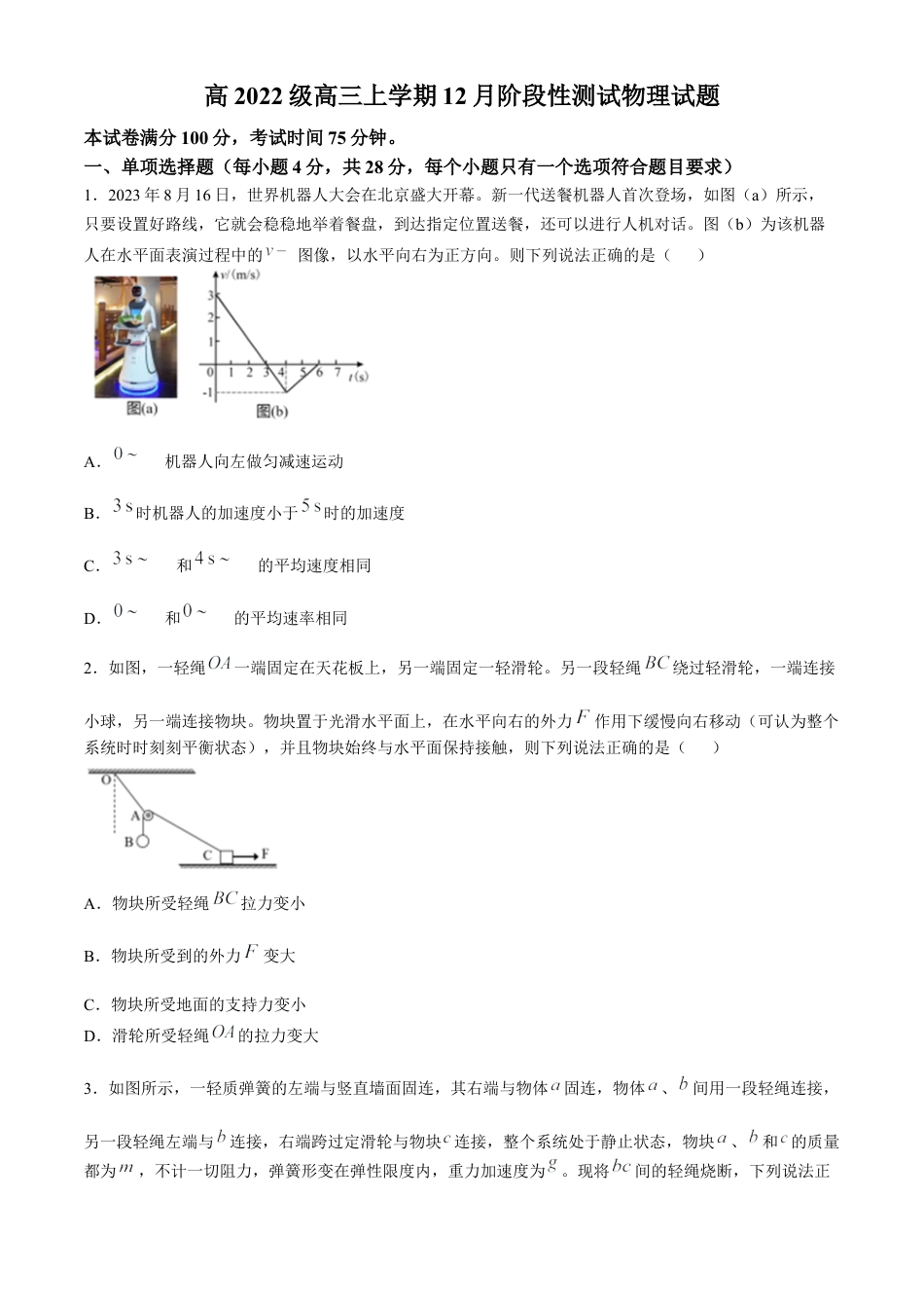 四川省成都市树德中学2024-2025学年高三上学期12月月考物理试题（含答案）.docx_第1页