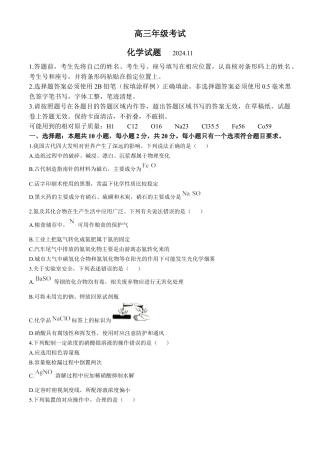 山东省泰安市2024-2025学年高三上学期11月期中考试化学+答案.docx