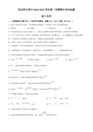 甘肃省西北师范大学附属中学2024-2025学年高三上学期期中考试 化学 Word版含答案.docx