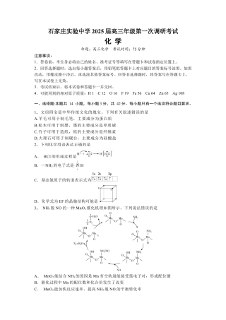 河北省石家庄实验中学2025届高三年级第一次调研考试化学.docx