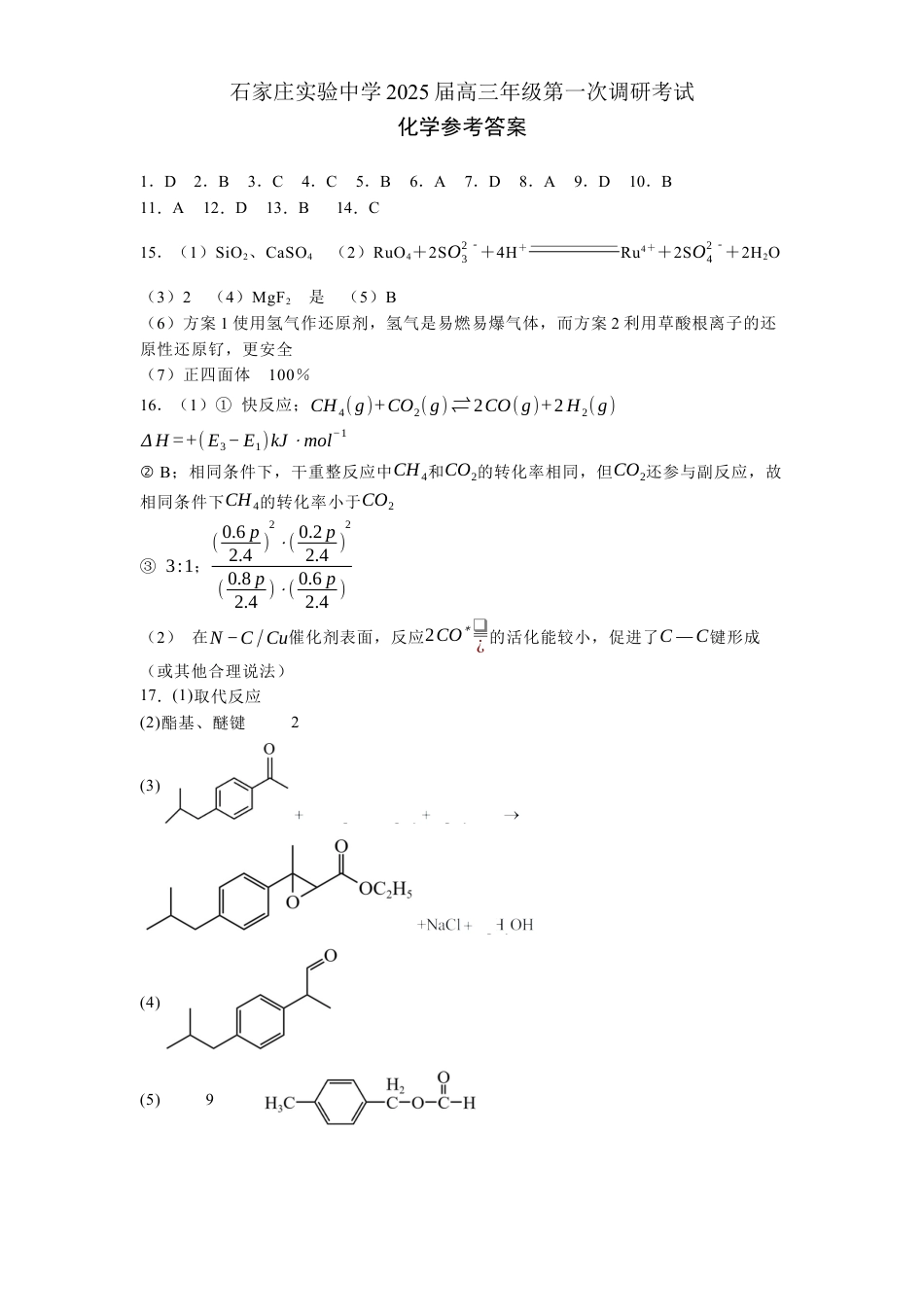 河北省石家庄实验中学2025届高三年级第一次调研考试化学答案.docx_第1页
