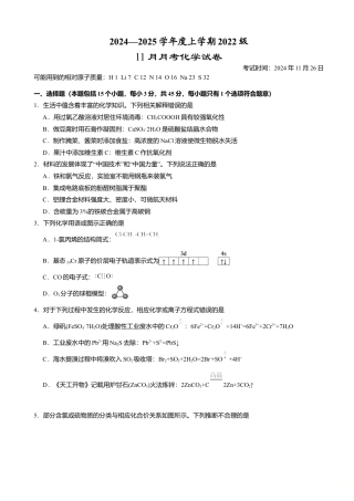 湖北省荆州市沙市中学2024-2025学年高三上学期11月月考化学试题（含答案）.doc