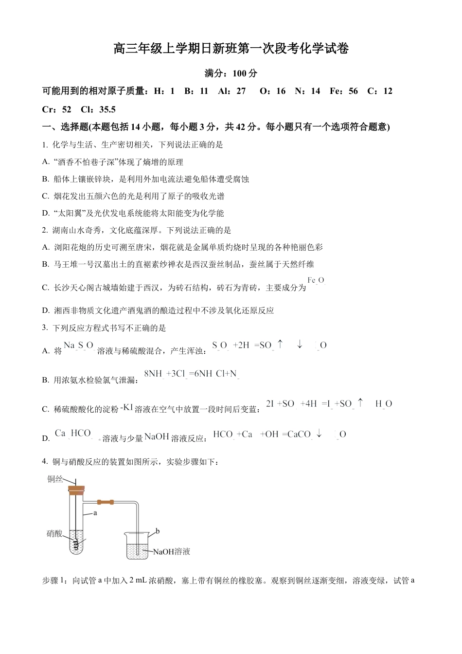 江西省宜春市丰城市第九中学2024-2025学年高三上学期第一次段考化学.docx_第1页