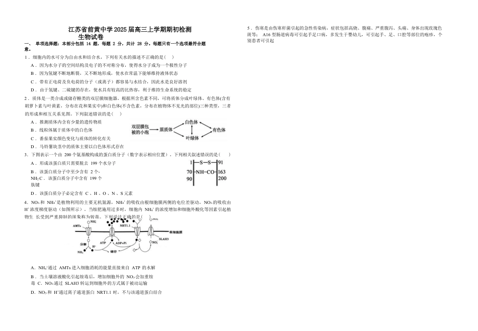 江苏省前黄高级中学2024-2025学年高三上学期期初检测试题 生物 Word版含答案.docx_第1页