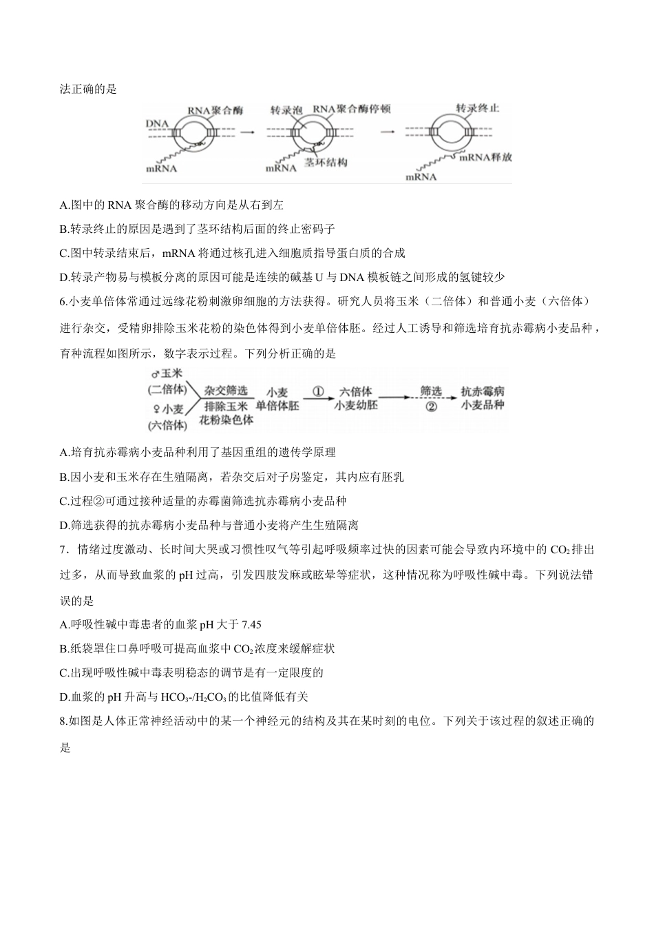 江苏省泰州中学2025届高三上学期一模试题 生物 Word版含答案.docx_第2页