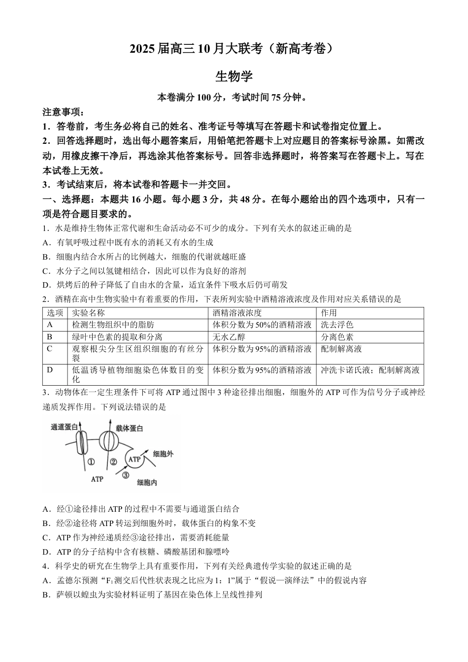 2025届高三10月大联考（新高考卷）生物试题(无答案).docx_第1页