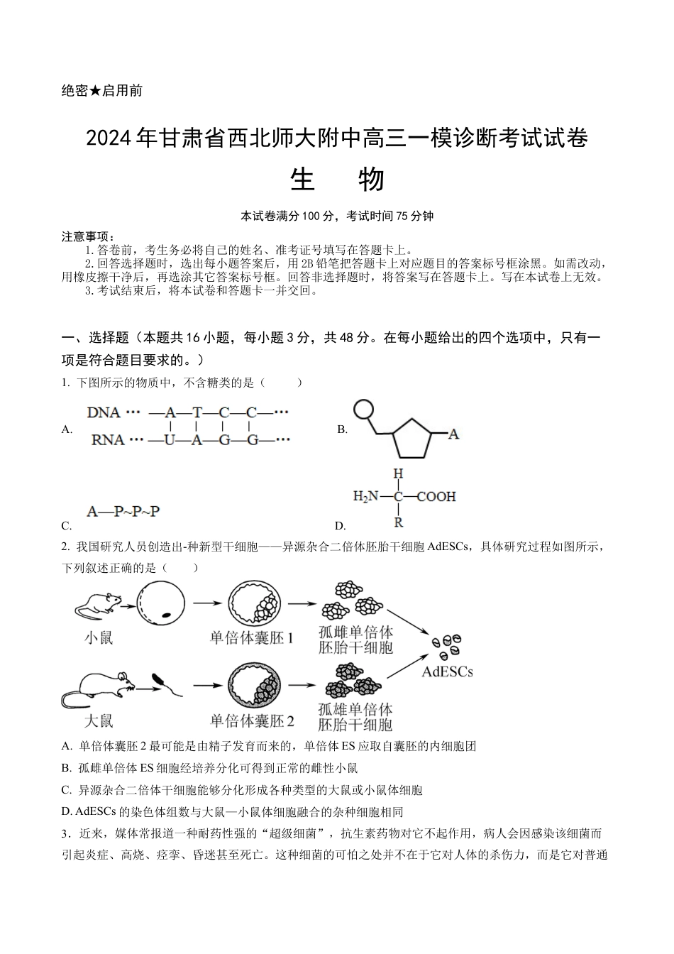 甘肃省西北师范大学附属中学2025届高三上学期一模诊断考试生物+答案.docx_第1页