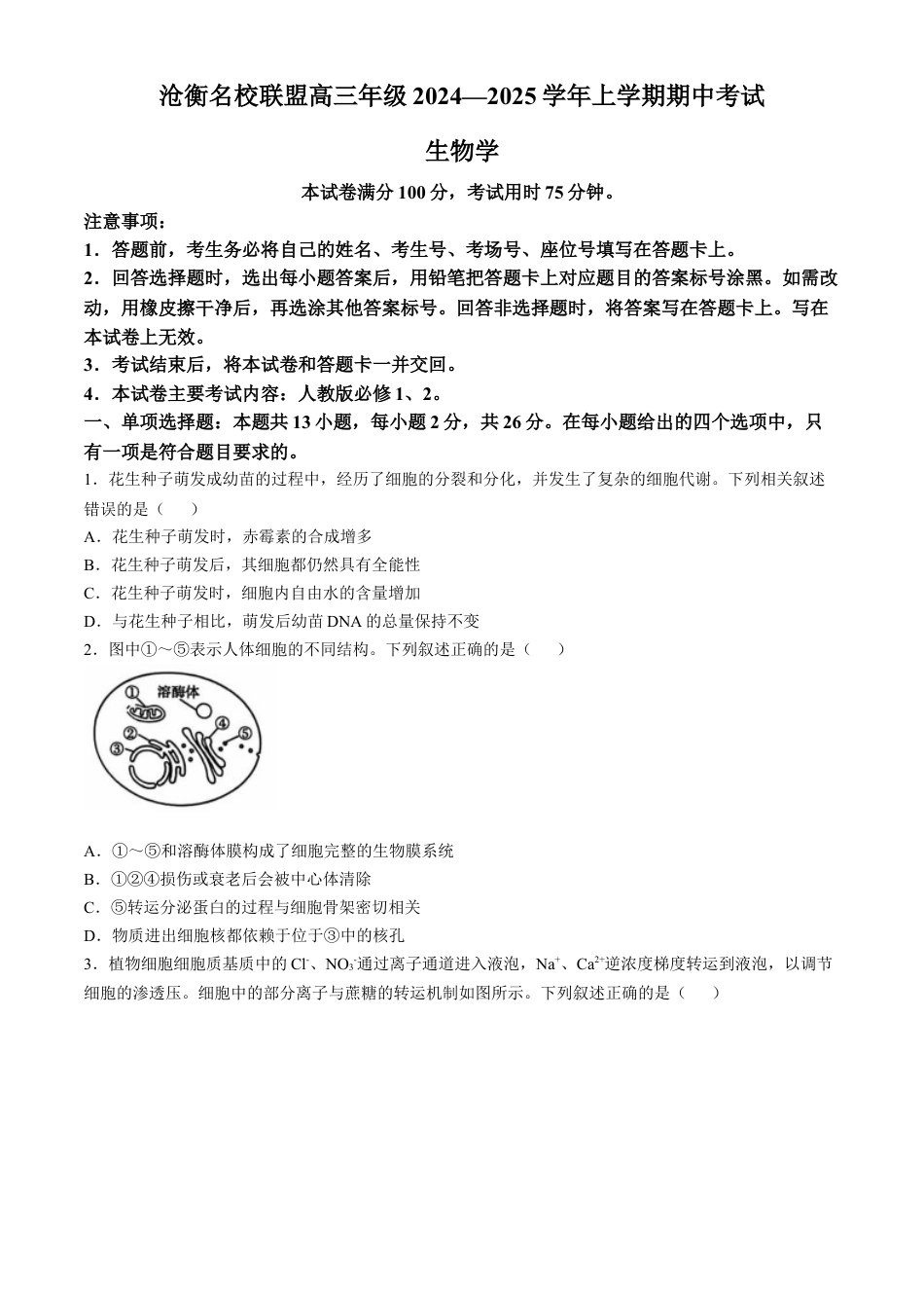 河北省沧州市沧衡名校联盟2024-2025学年高三上学期11月期中生物试题.docx_第1页
