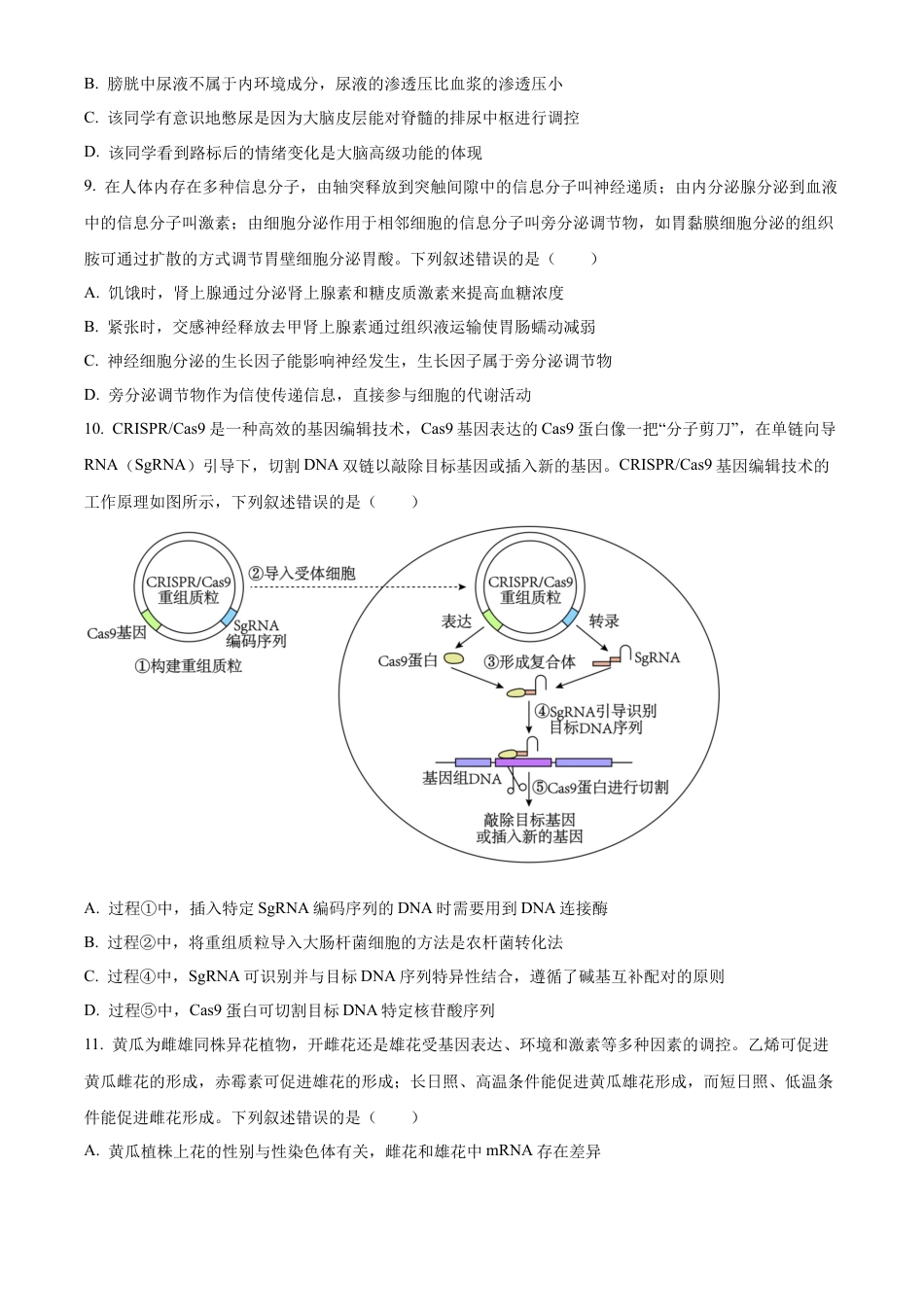 湖北省武汉外国语学校2025届高三上学期10月考试生物试题 Word版无答案.docx_第3页