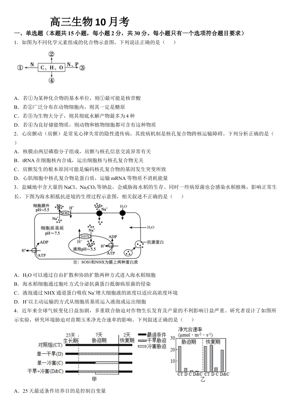 吉林省通化市梅河口市第五中学2024-2025学年高三上学期10月月考试题 生物 Word版含答案.docx_第1页