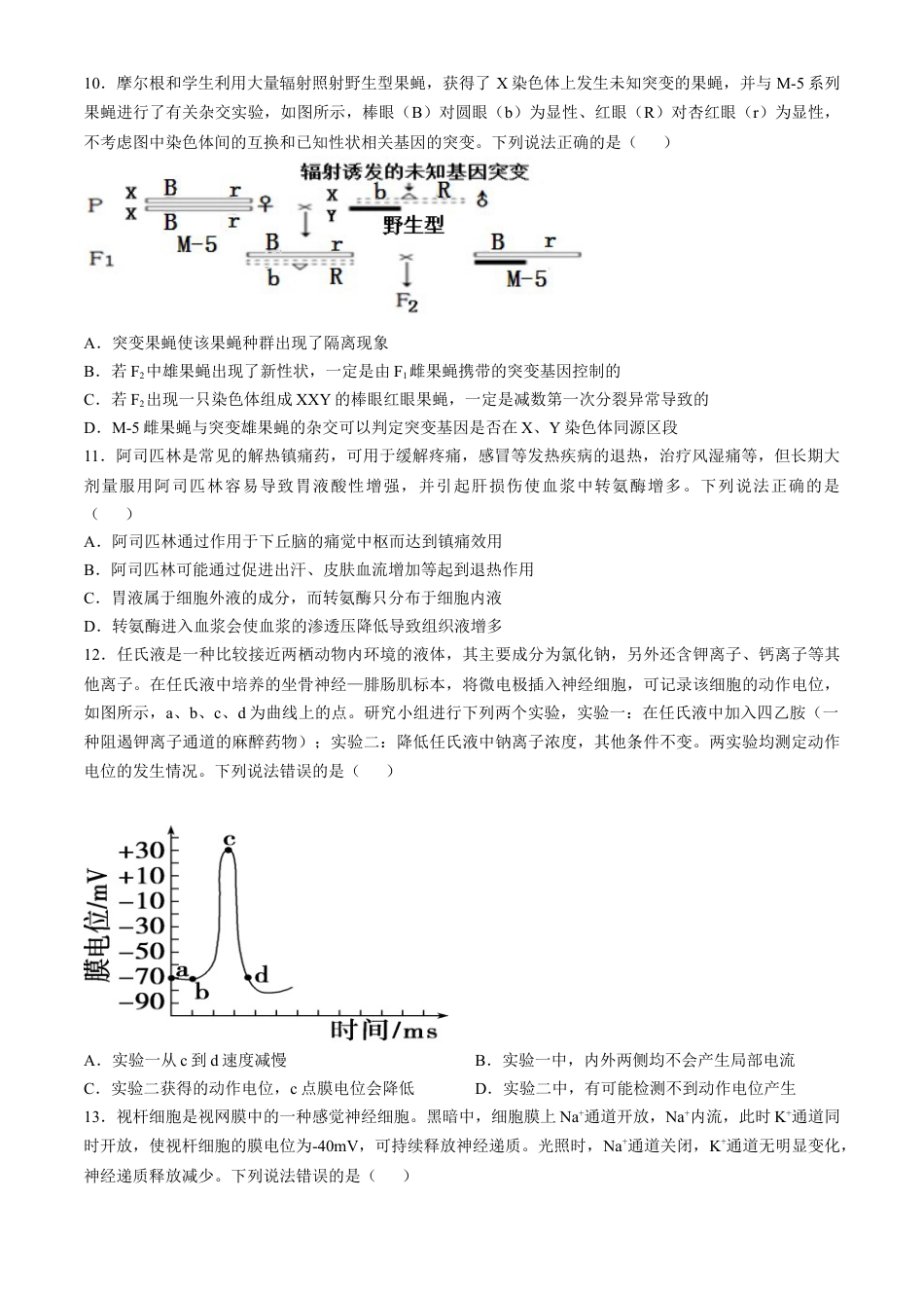 山东省威海市文登区2024-2025学年高三上学期第一次模拟考试试题生物+答案.docx_第3页