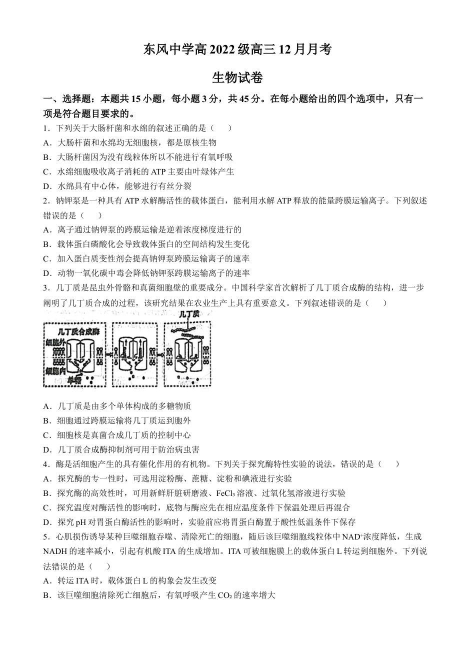 四川省南充市阆中东风学校2024-2025学年高三12月月考试题生物+答案.docx_第1页
