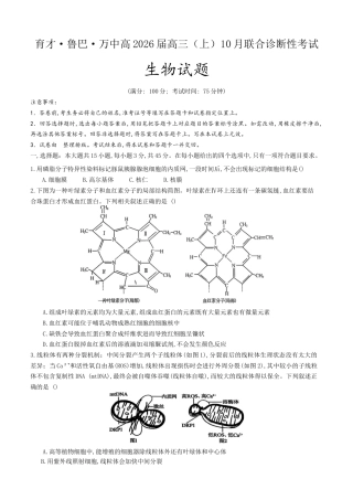 重庆育才中学、鲁能巴蜀中学、万州高级中学高2026届高三10月联合考试生物试题（含答案）.docx
