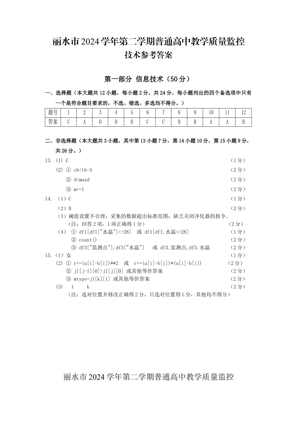 浙江省丽水市2025年6月高二期末考试（全科）_技术答案｜2506丽水高二期末.docx_第1页
