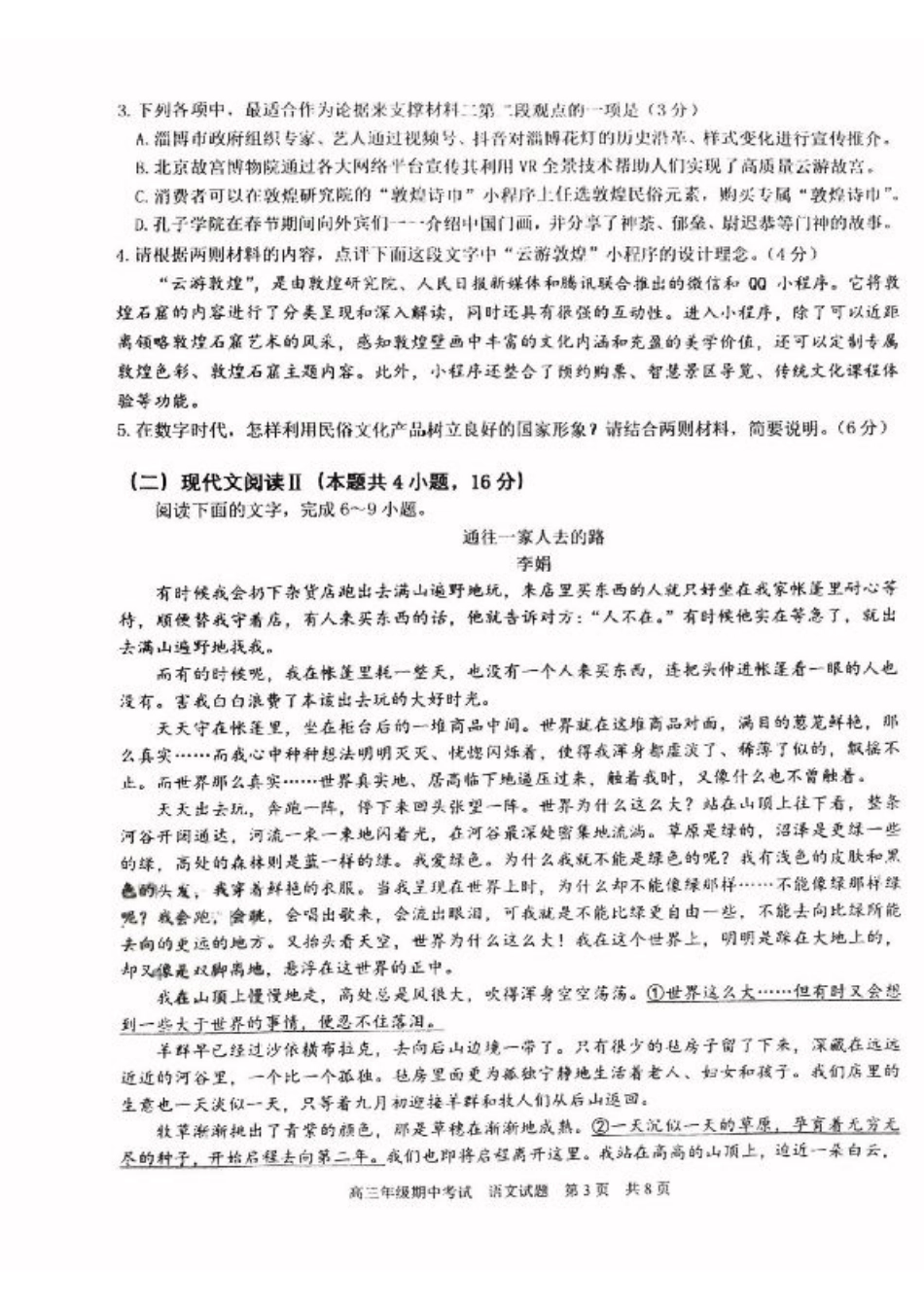 湖北省武汉市华中师范大学第一附属中学2024-2025学年高三上学期11月期中考试语文（无答案）.pdf_第3页