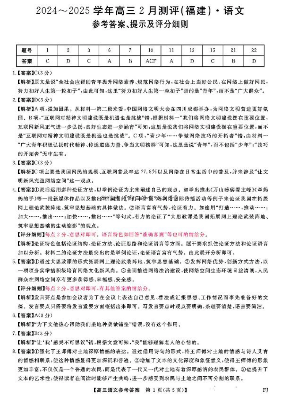 福建省金科大联考2025届高三2月开学语文答案.pdf_第1页