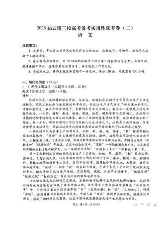 云南省三校2025届高三上学期高考备考实用性联考（二） 语文 PDF版含解析.pdf