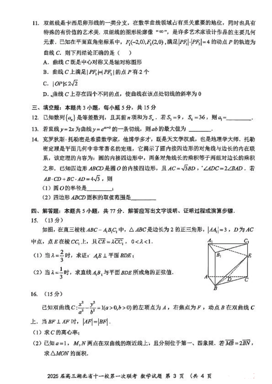 2025届高三湖北省十一校第一次联考数学试题卷（pdf版）.pdf_第3页