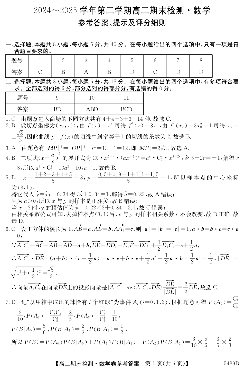 安徽省县中联盟2024-2025学年第二学期高二期末检测（全科）_5489B 数学答案.pdf_第1页