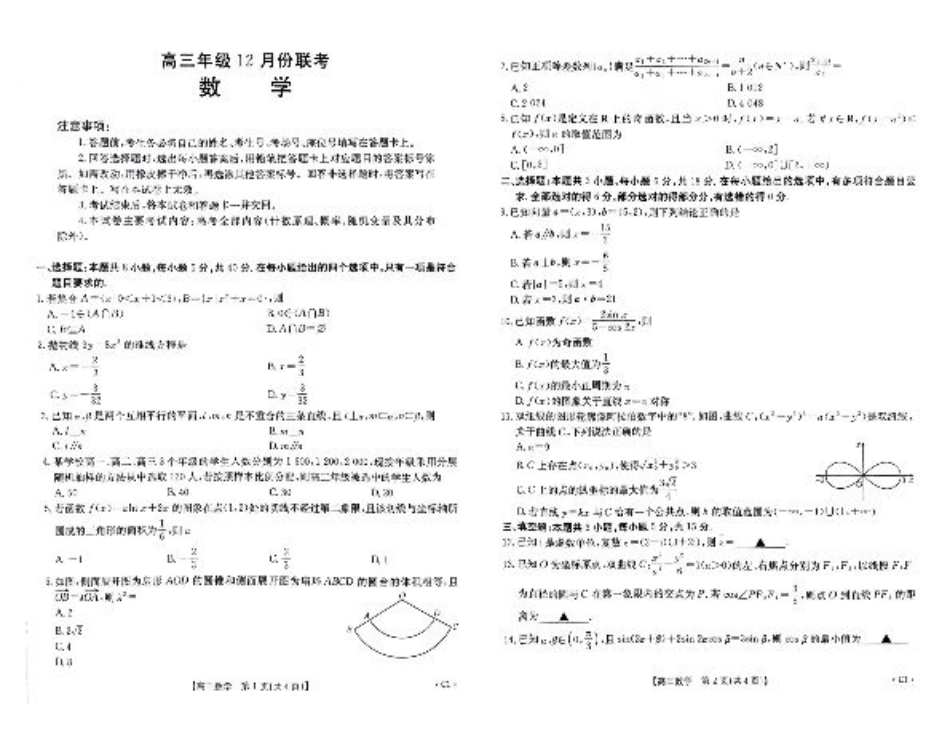 河北省保定市十县一中2024-2025学年高三上学期12月联考试题 数学 含解析.pdf_第1页