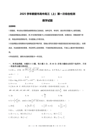 河南鹤壁高中2025届高三上学期第一次综合检测（7月）数学试题+答案.pdf