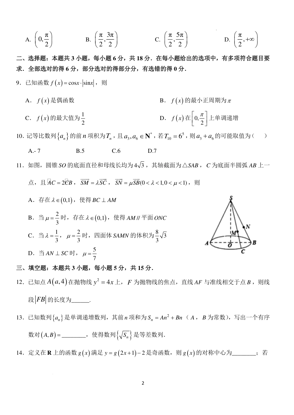 湖北省荆州市沙市中学2024-2025学年高三上学期11月月考数学试题+答案.pdf_第2页