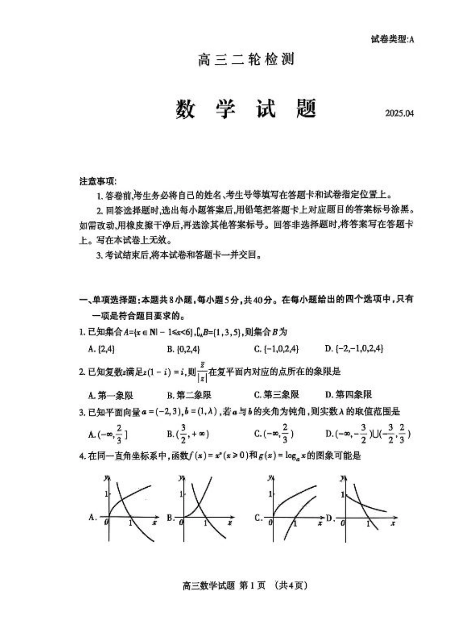山东省泰安市2025届高三二轮模拟检测考试（泰安二模）（全科）_数学试题.pdf_第1页