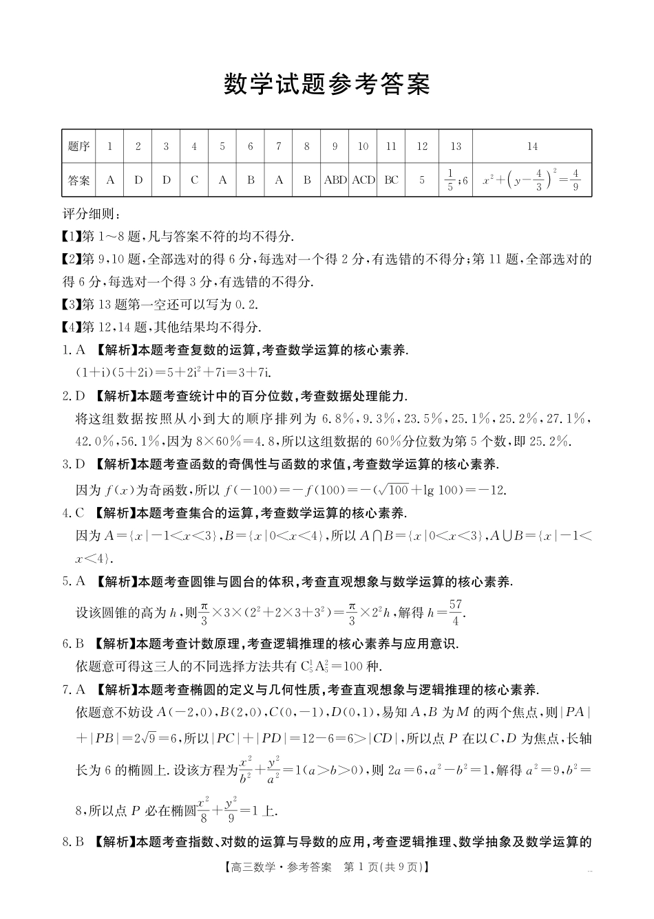 四川省2026届高三9月开学联考-数学答案.pdf_第1页