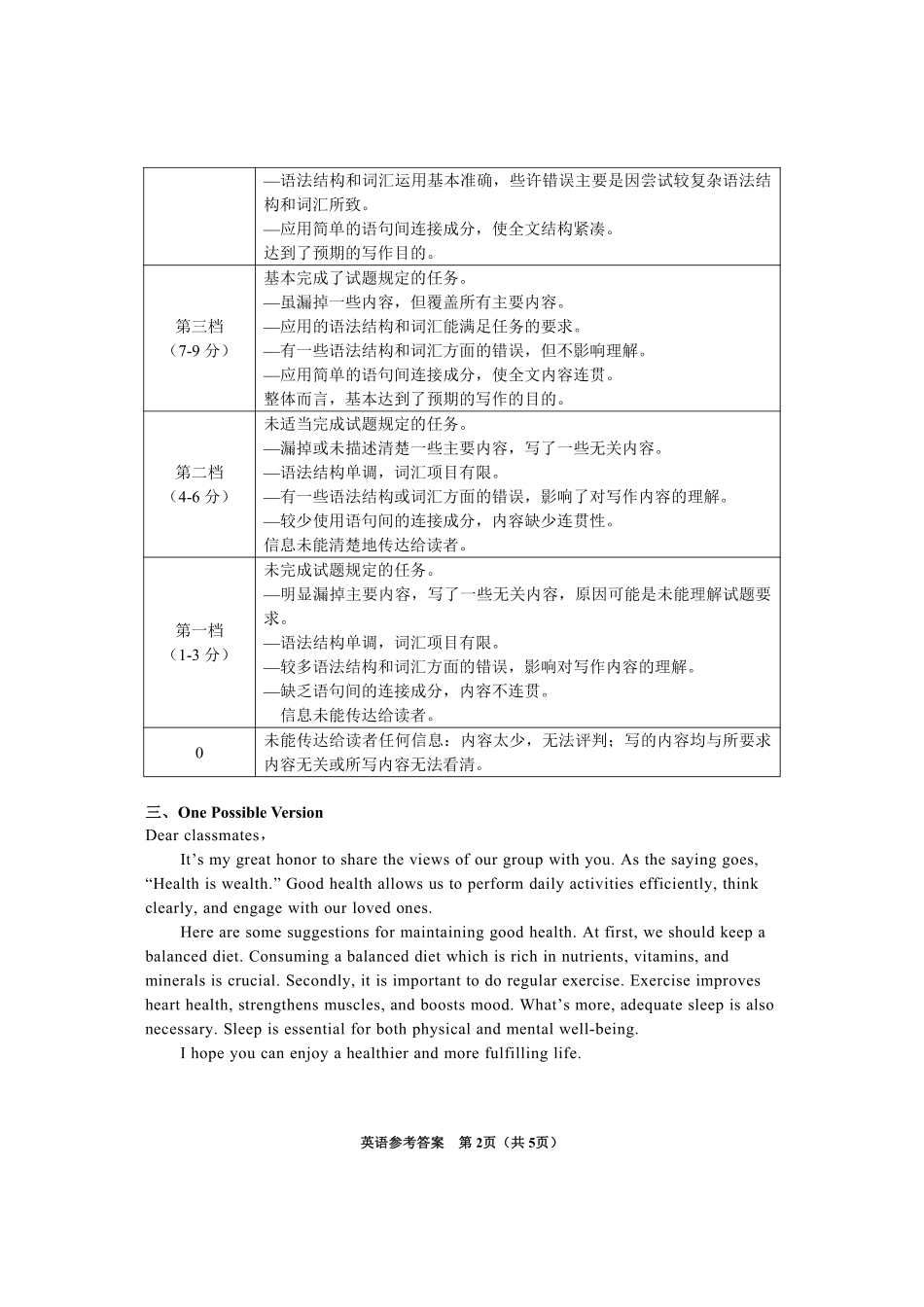 2024年毕节市高二年级期末联考+英语参考答案.pdf_第2页