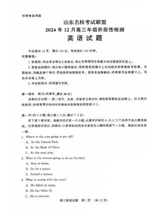山东省名校考试联盟2024年12月高三阶段性检测英语_英语试卷.pdf