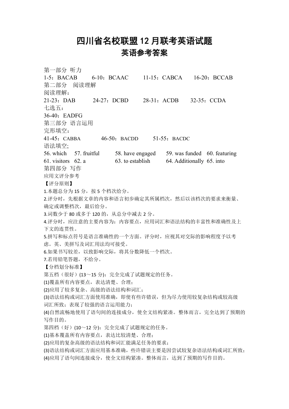 四川省名校联盟2025届高三12月联考英语答案.pdf_第1页