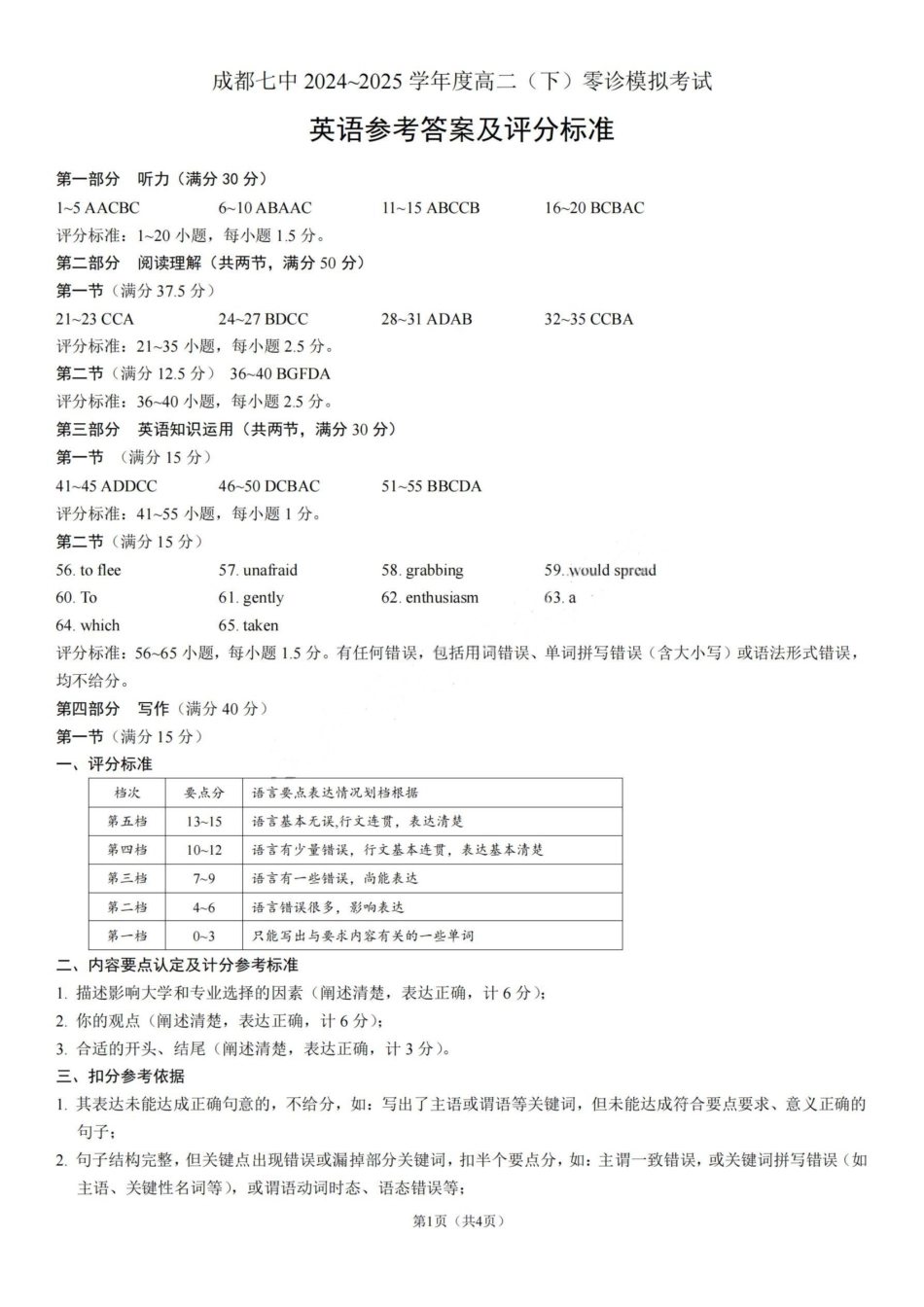 英语答案-四川省成都市第七中学2024-2025学年度下期高2026届零诊模拟考试.pdf_第1页