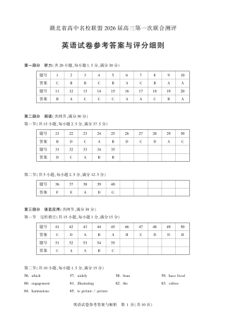 圆创教育·湖北省高中名校联盟2026届高三第一次联合测评（全科）_高三英语-2026届第一次测评-答案.pdf