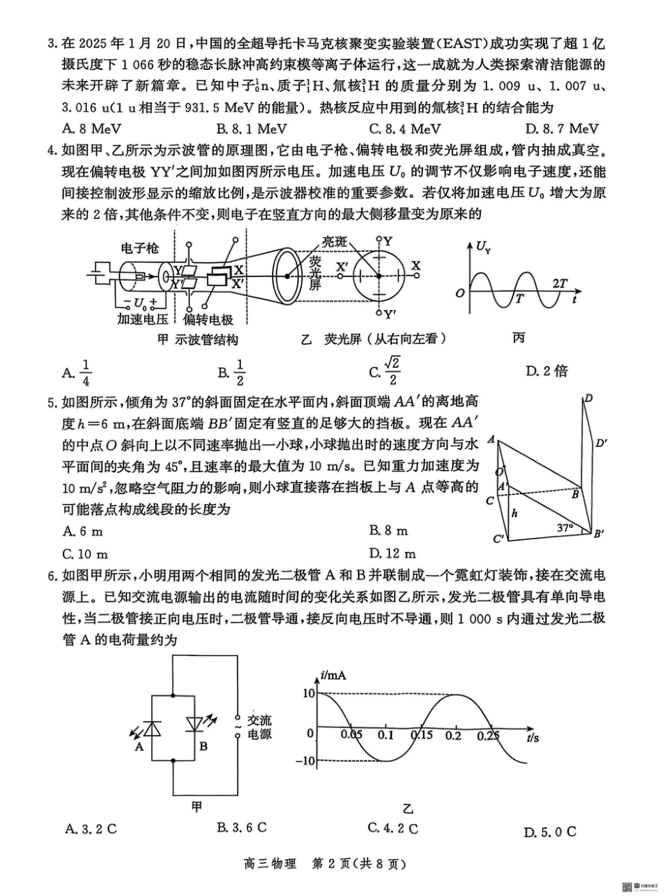 2025届河北省沧州市高三下学期4月复习质量监测（二模）物理试题（含答案）.pdf_第2页
