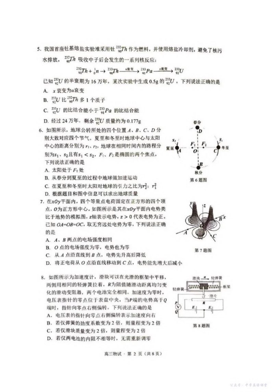 2025届浙江省杭州市高三二模教学质量检测 物理试题（含答案）.pdf_第2页