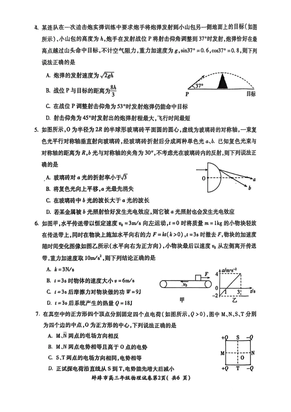安徽省蚌埠市2025届高三上学期第一次教学质量检查考试（1月） 物理 PDF版含答案.pdf_第2页