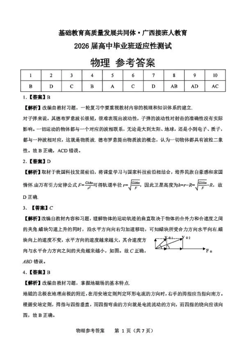 广西接班人教育2026届高中毕业班适应性测试物理答案.pdf_第1页