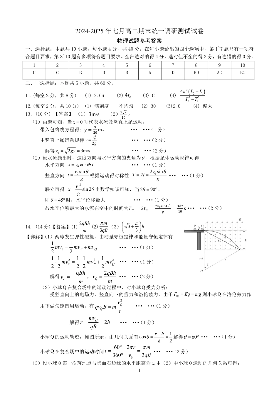 湖北省天门市2024-2025年7月高二期末统一调研测试（全科）_高二物理答案.pdf_第1页