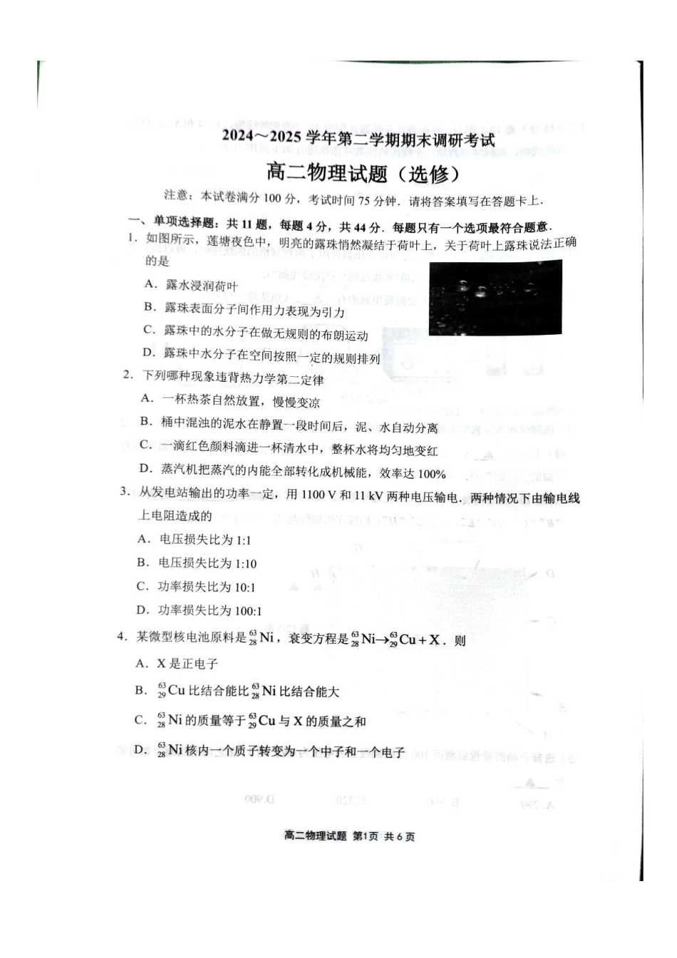 江苏省连云港市2024-2025学年高二下学期期末调研考试物理试题（含答案）.pdf_第1页