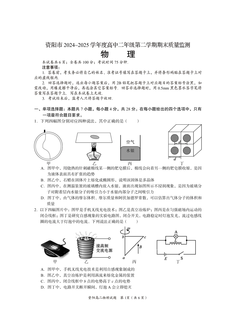 四川省资阳市2024-2025学年高二下学期期末质量监测物理.pdf_第1页