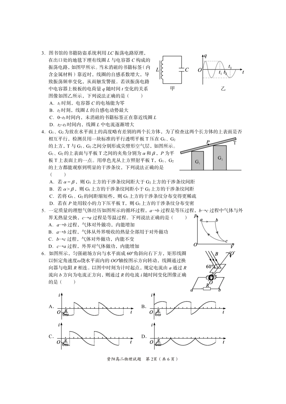 四川省资阳市2024-2025学年高二下学期期末质量监测物理.pdf_第2页