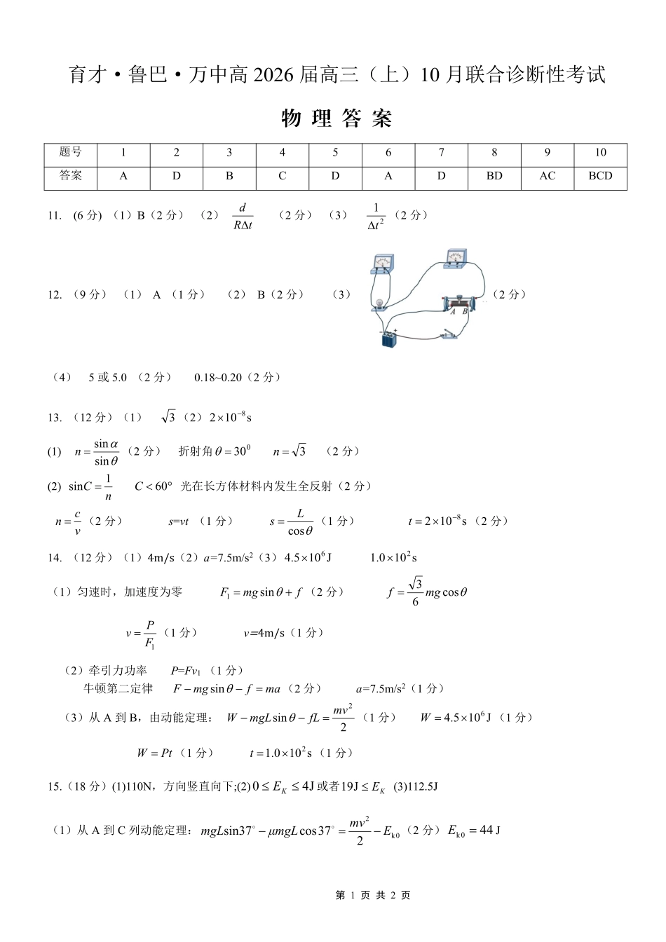 育才·鲁巴·万中高2026届高三（上）10月联合诊断性考试物理答案.pdf_第1页