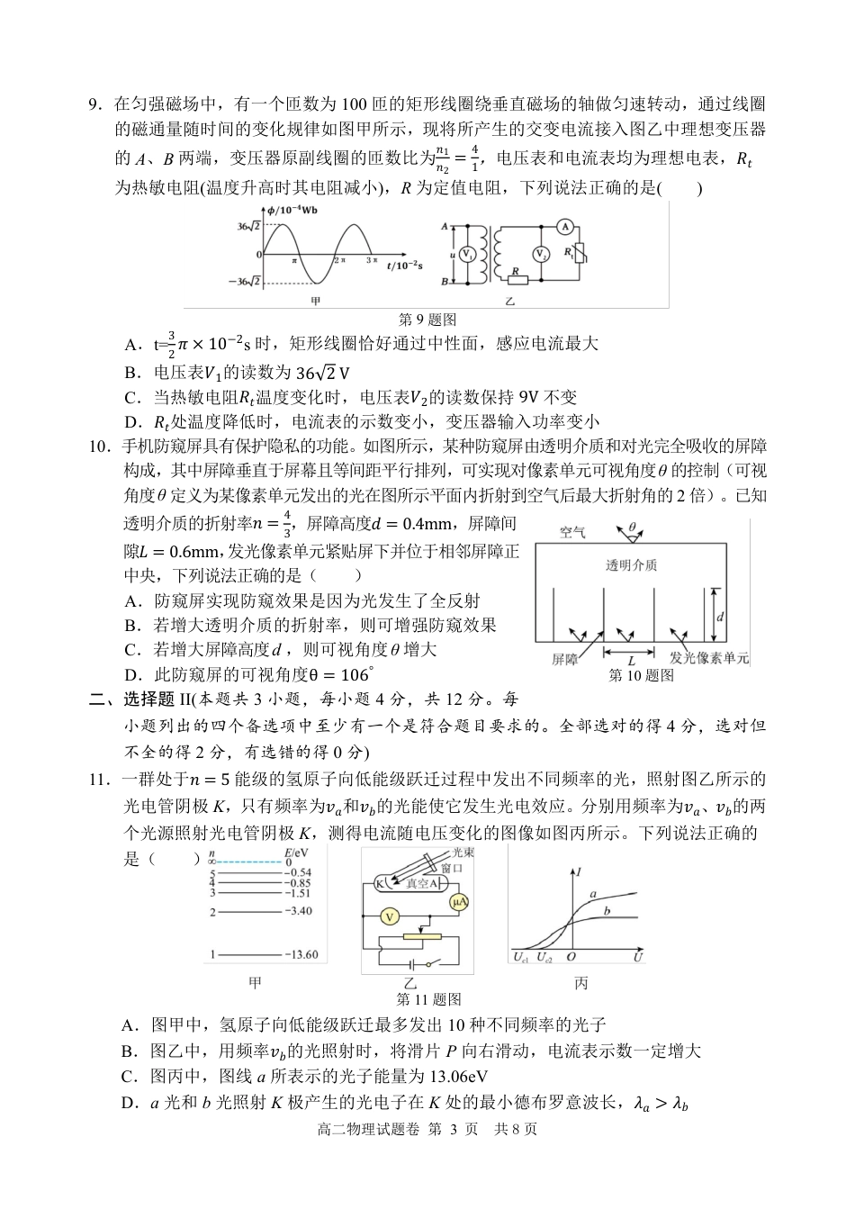 浙江省丽水市2025年6月高二期末考试（全科）_物理试题｜2506丽水高二期末.pdf_第3页