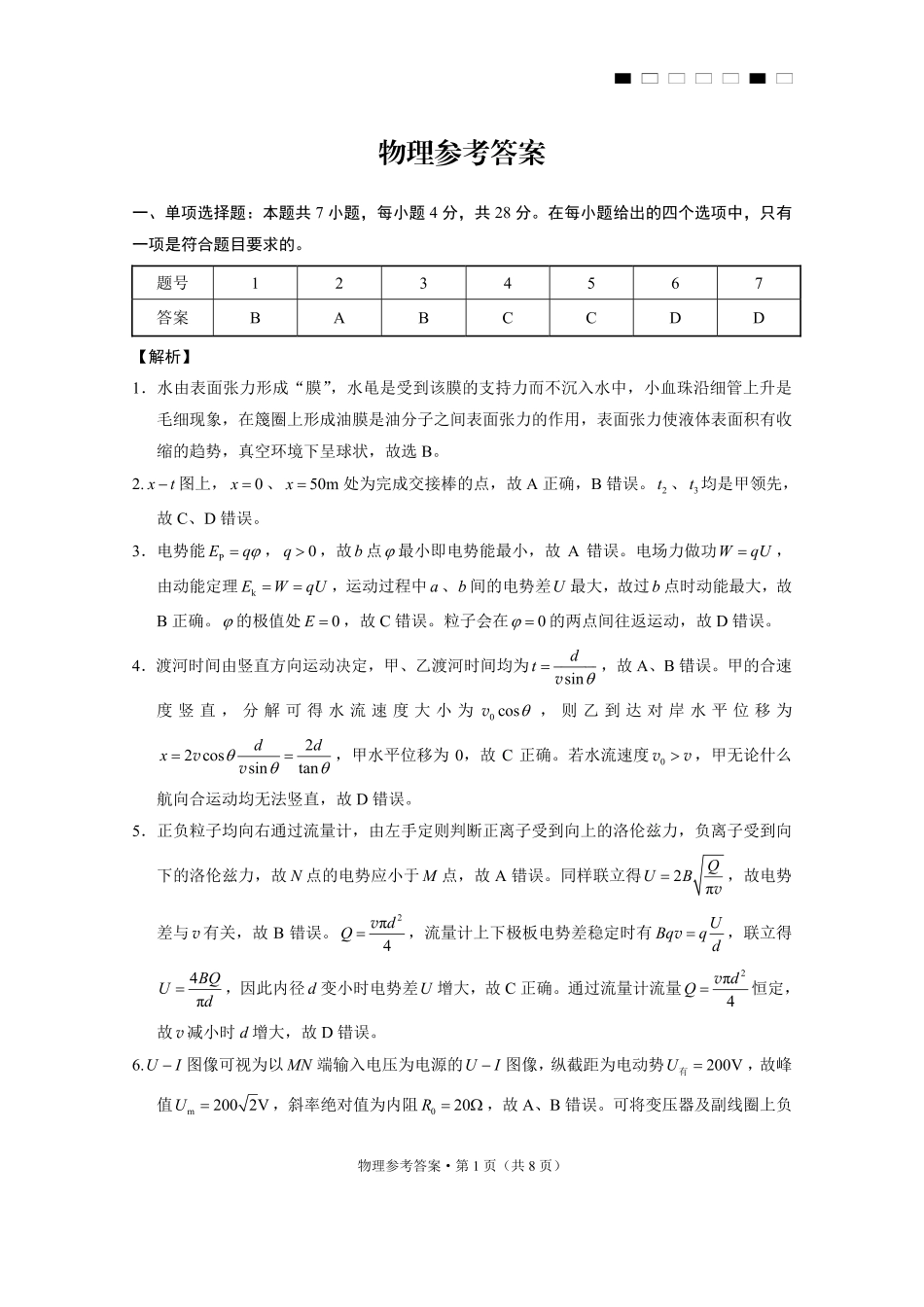 重庆市第八中学2025届高三3月适应性月考卷（六）物理答案.pdf_第1页