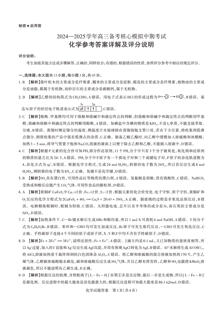 2024-2025学年高三备考核心模拟中期考试答案与详解  化学_Print.pdf_第1页